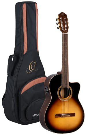 Ortega Guitars Konzert Gitarre Elektro-Akustisch – 4/4, Slim Neck – Performer Series – Inklusive Gig Bag – Massive Sitka Fichte, Walnuss, Hochglanz Mehrfarbig (RCE158SN-TSB)