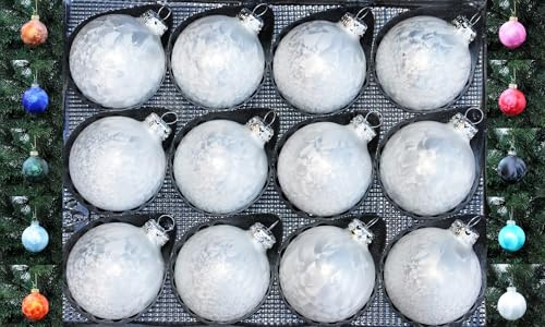 TGS Thueringer Glasdesign Jack 12x Glas Eislack Christbaumkugeln 6cm Thüringer Weihnachtskugeln Kugeln, Farbe:Weiß Eislack