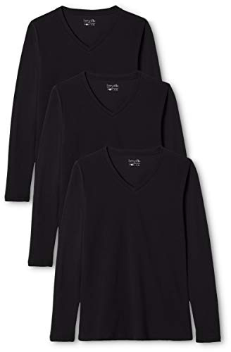Berydale Maglietta a maniche lunghe con scollo a V in 100% cotone, Donna, Nero (confezione da 3), L