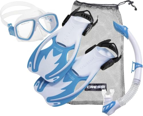 Cressi Kinder-Tauchset Schnorchelset Rocks Deluxe (Tauchmaske, Schnorchel, Flossen & Netzbeutel) - White/Light-Blue - S/M - 32-34