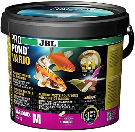 JBL Futter für alle Teichfische, Schwimmendes Futtermenü aus Flocken und Sticks, Spezialfutter, ProPond Vario 0,72 kg