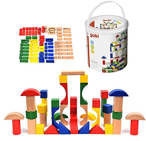 goki 58669 Bausteine aus Holz, 100-teilig, bunt & Natur, Bauklötze für Kinder, fördert Kreativität & Motorik, mit praktischer Aufbewahrungstrommel