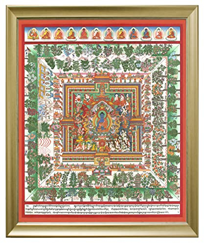Thangka Medizinbuddha Mandala Leinwandbild Druck religiöses Wandbild mit schönen goldenen Holzrahmen 40x50 cm