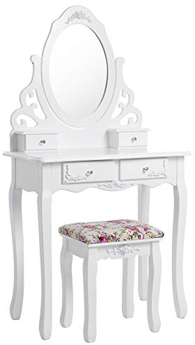 SONGMICS Schminktisch mit Spiegel und Hocker, Lederimitat, weiß, 75 x 40 cm