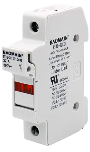 Baomain 1 Pole Fuse Holder Base, RT18-32(X) 10X38mm 32 Amp 690VAC, DIN Rail Mount with Indicator Light UR & CE Certified