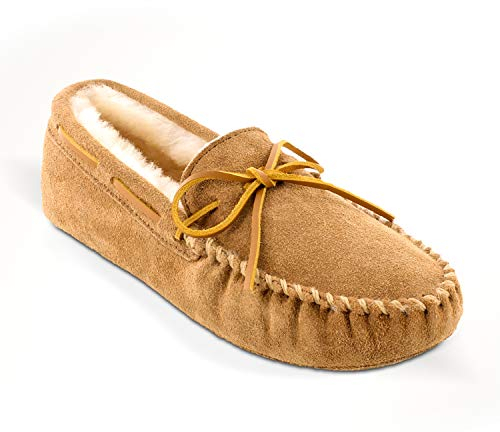 Minnetonka Men's Sheepskin Soft Leather Sole Moccasin Slipper, Tan, 12 M US