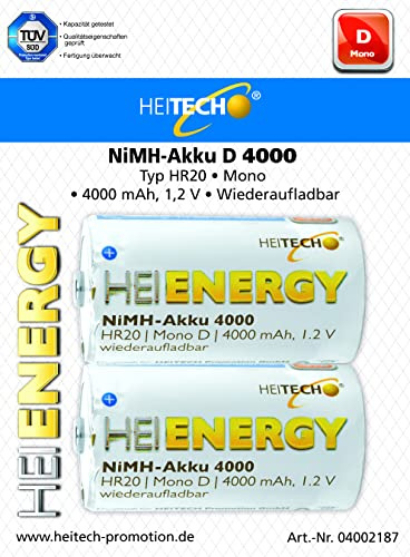 Heitech, Promotion GmbH, batteria Mono D, 4000 mAh, 1,2 V, NiMH, certificata TÜV, 2 pezzi, batterie ricaricabili con bassa autoscarica – Batterie per dispositivi ad alto consumo energetico 04002187