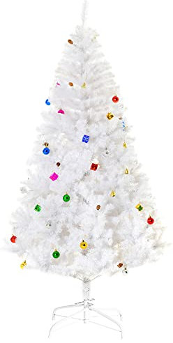 HOMCOM Albero di Natale Bianco 180cm con Addobbi e 930 Rami, Albero di Natale Innevato Artificiale in PVC