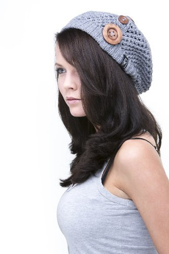 Nelly - Klassische Strick Barettmütze mit Knöpfen im französischen Stil für Damen - Barett Strickmütze (Grey)