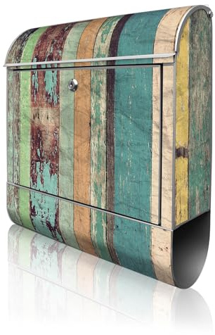 banjado Design Briefkasten 38,5x46,5x13cm & 2 Schlüssel - Briefkasten Stahl Silber mit Zeitungsfach pulverbeschichtet - Postkasten A4 Einwurf inkl. Montagematerial - Motiv Bunte Bretterwand