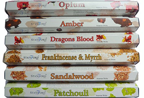 Stamford Premium Hex Range Incense Sticks - Opium, Amber, Dragons Blood, Frankincense & Myrrh, Sandalwood & Patchouli 20 Sticks Per Fragrance (120 Sticks)
