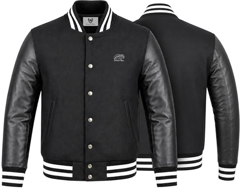 German Wear Collegejacke Herren Varsity Jacke mit Lederärmeln aus Lammnappa Wollmix Blouson Retro Design Elastischer Bund für Herbst und Winter
