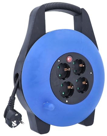 as - Schwabe Kabeltrommel 15 m, Schwarz/Blau | IP20 Innenbereich, 4 Steckdosen, Thermoschutzschalter