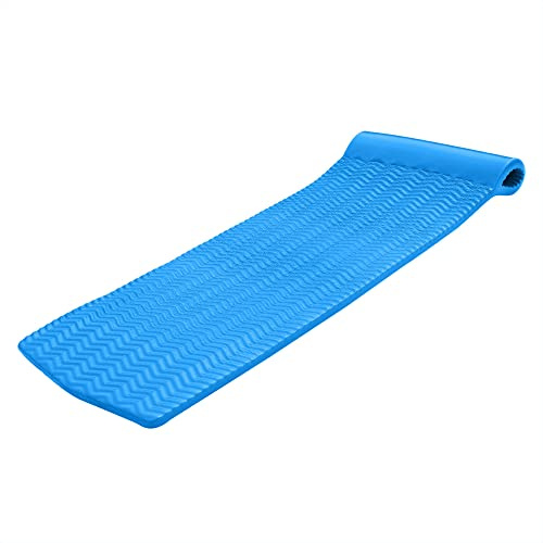 TRC Recreation Serenity 1.5” Thick Vinyl Coated Foam Swimming Pool Float Mat Adult Lounger with Built-In Roll Pillow, Bahama Blue