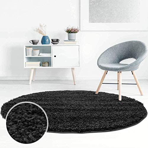 carpet city Shaggy Teppich Hochflor Langflor Einfarbig Uni Schwarz Weich Flauschig Wohnzimmer, Größe: 120 x 120 cm Rund