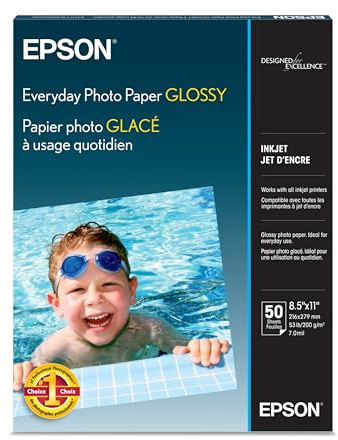 Epson Glossy Photo Paper 52 lbs., Glossy, 8-1/2 x 11, Pack of 50 Sheets (S041649)