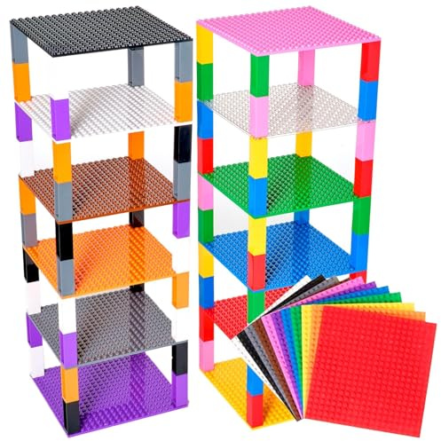 Strictly Briks Set per Costruzione Torre - Include 12 basi impilabili da 15,2 x 15,2 cm e pilastri 2 X 2 - compatibili con Tutte Le Principali Marche - Arcobaleno