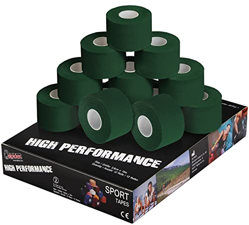 ALPIDEX 12 x Cinta Adhesiva Deportiva 3,8 cm x 10 m Diferentes CoIores Sport Tape 100% Algodón Inelástica Balonmano Fútbol Voleibol Escalada, Color:verde