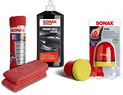 1x500ml SONAX POLISH & WAX COLOR SCHWARZ+ P-BALL+2x MICROFASERTÜCHER SET