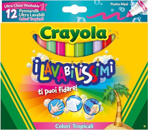 CRAYOLA I Lavabilissimi Pennarelli Ultra-Lavabili, Punta Maxi, Colori Tropicali Assortiti, per Scuola e Tempo Libero, 12 Pezzi 58-8335
