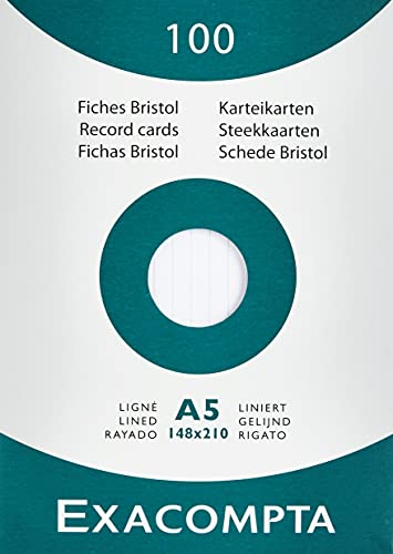 Exacompta 13808B 100er Pack Karteikarten liniert DIN A5 in Kartonschachtel 14,8 x 21cm ideal für die Schule und Universität zum Lernen weiß