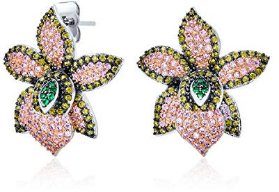 3D Green Pink Orchid Flower Shaped Pave CZ Large Stud Earrings For Women Cubic Zirconia Silver Plated Brass