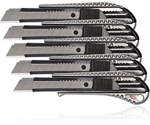 HSM Lot de 5 cutters en aluminium pour tapis et carton, couteaux de travail, couteaux de colis, couteaux tout usage pour lames sécables de 18 mm