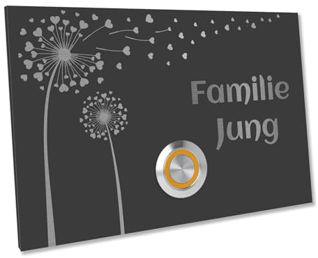 Jung Edelstahl Design Türklingel London 2 anthrazit RAL7016 pulverbeschichtet | Motiv Pusteblume Klingelschild 12 X 8 cm | Haustürklingel V2A Edelstahl LED Taster (orange)