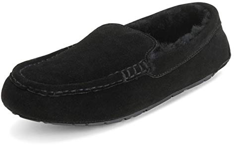 Polar Men’s Moccasin Slippers - Warm Fleece Lined Indoor Outdoor House Shoes with Memory Foam Comfort and Hard Sole - Classic Slip-On Winter Loafers - Black - UK 8