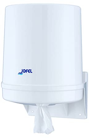 Jofel - Dispensador de Papel en Bobina hasta 205mm Mecha en Continuo, Bobina Especial para Dispensar por el Centro de la Base, Maxima Higiene, Carcasa de ABS, Clásica AG20020, Blanco