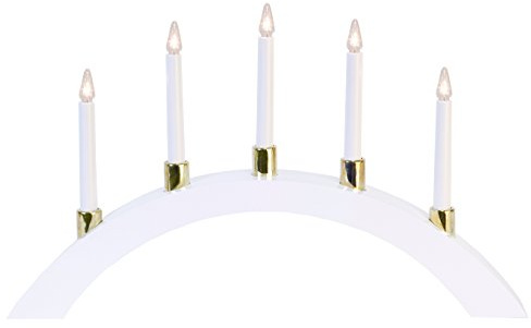 Star Trading Halla LED-Fensterleuchter Holz Weiß - 5-flammiger Advent Kerzenleuchter für Fenster, Warmweißes Licht, Goldene Halterungen, 33 x 55 cm, 230 V