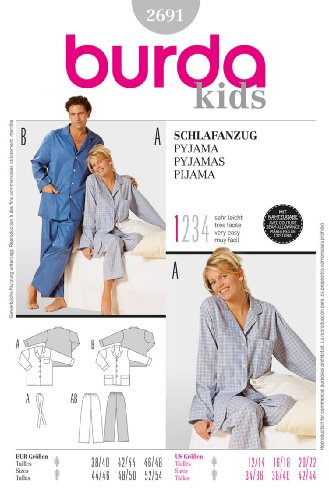 Burda 2691 Schnittmuster Schlafanzug (Damen & Herren, Gr. 38-48/44-54) – Level 1 super Easy