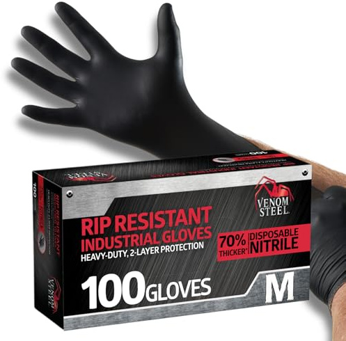 Venom Steel Nitrile Gloves, Rip Resistant Disposable Latex Free Black Gloves, 2 Layer Gloves, 6 mil Thick, Medium (Pack of 100)