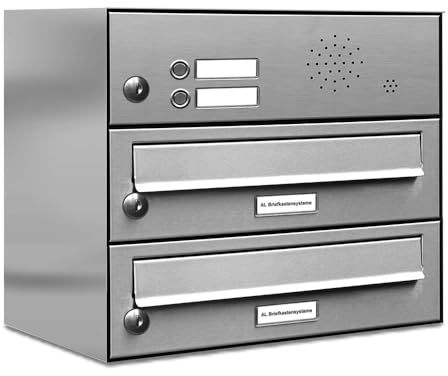 AL Briefkastensysteme 2er Briefkastenanlage mit Klingel, V2A Edelstahl, Premium Doppel-Briefkasten DIN A4, 2 Fach Postkasten modern Aufputz
