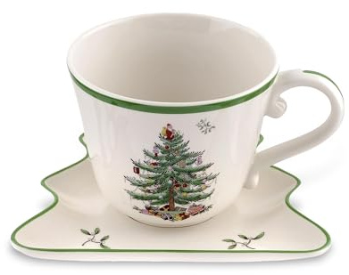Spode Christmas Tree Jumbo Cup with Tree-Shaped Saucer - 18 Ounce Earthenware Mug for Coffee, Tea, Hot Chocolate, Festive Drinks - Charming Holiday Décor & Festive Christmas Design