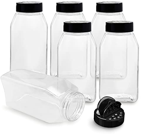 ROYALHOUSE 6 PACK 32 Oz with Black Cap, Plastic Spice Jars Bottles Containers, Perfect for Storing Spice, Herbs and Powders, Lined Cap, Safe Plastic, PET, BPA free, Made in the USA