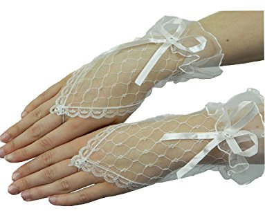Yummy Bee - Fingerlose Handschuhe Kurz - Spitzenhandschuhe Schwarz Gothic Brautweiß Rot - Halloween Kostüm Damen (Weiß)