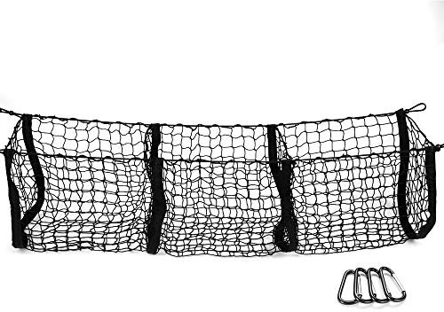 MICTUNING Cargo Net with Hooks,Van Storage Three Pocket Trunk Cargo Organizer Storage Net-Heavy Duty Cargo Net for Car,SUV,Pickup Truck Bed - Black Mesh with Free Four Metal Carabiners.(47*11*12)inch