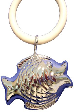 Baby/Kinderrassel mit Beißring, Rassel als Fisch, versilbert