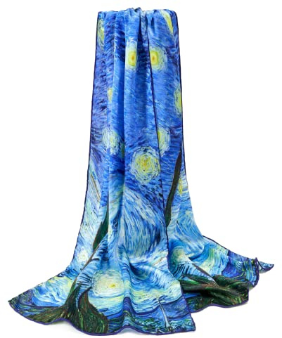Prettystern Donna 160cm Sciarpa Arte Colorata Di Seta Lunga Foulard in Seta Pura Stampe D'arte Stola Regalo Idee Blu Notte Stellata P117
