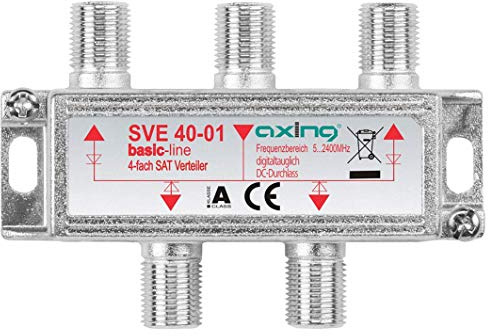 Axing SVE 40-01 4-Fach SAT-Verteiler Splitter mit DC-Durchgang für Satelliten-Anlagen Unicable DVB-T2 HD (5-2400 MHz) Class A