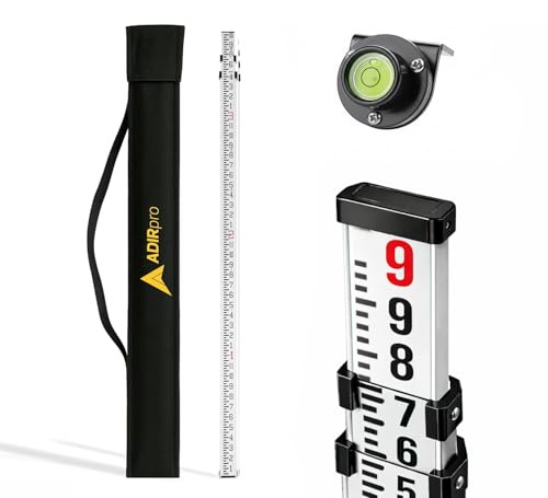 AdirPro 9 ft Aluminum Telescoping Grade Rod | Dual-Sided 5-Section Leveling Rod with 8th Foot Graduations & Locking Clamps | Bubble Level & Carrying Case Included