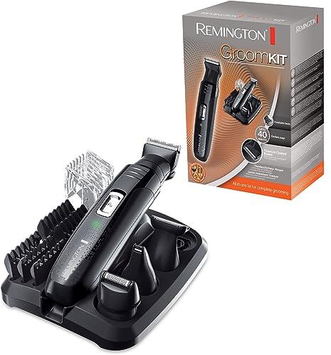 Remington Rasoio Elettrico Multiuso - Rifinitore per il corpo, Regolabarba, Tagliacapelli - Lame autoaffilanti in Titanio, set styling per peli del viso e corpo, 4 testine rimovibili, GroomKit PG6130