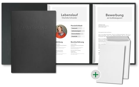 15 Stück 3-teilige Bewerbungsmappen Schwarz mit 2 Klemmschienen in feinster Lederstruktur - hochwertige Prägung ''BEWERBUNG'' - inkl. 15 Versandumschläge in Weiß - direkt vom Hersteller STRATAG