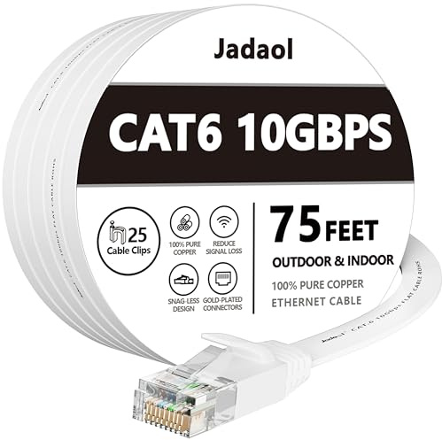 Cat 6 Ethernet Cable 75 ft Flat with Clips, Durable Long Internet Network LAN Patch Cords, Solid Cat6 High Speed Computer wire with RJ45 Connectors for Router, Modem, PS, Faster Than CAT5E/Cat5, White