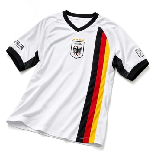 MC-Trend Deutschland Trikot, Unisex Fantrikot Fußball, Weiß, Größe L, 100% Polyester, Mesh-Einsätze, Adler-Wappen mit 4 Sternen, Deutschland Rückenprint, V-Ausschnitt, Streifen in Schwarz-Rot-Gold