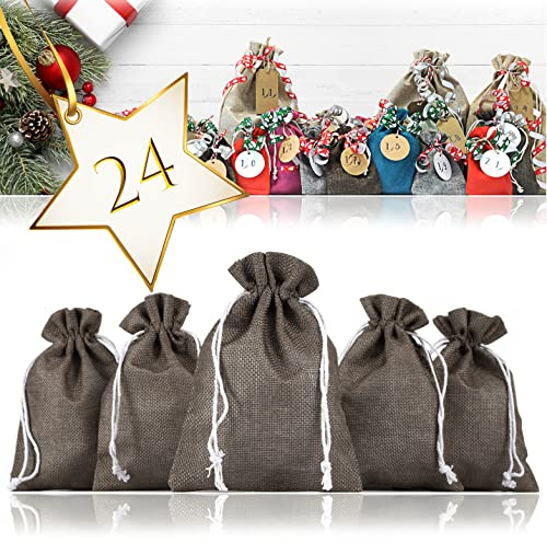 Ganzoo Jutesäckchen 24er Set für Adventskalender, 17,5 x 12,5 cm, dunkelbraun, 100% Jute, Kordelzug zum sicheren Verschließen, Handwäsche, mehrfach nutzbar, für Schmuck, Make-up, kleine Überraschungen