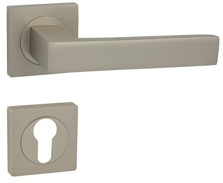 domino Türgriff Drückergarnitur PZ - Profilzylinder Set |quadratische Rosette | Türklinke für Zimmertür, Bürotür, Kellertür & Innentür| Türbeschläge aus Aluminium| Satin Nickel Velvet | QUBIK-QR M91