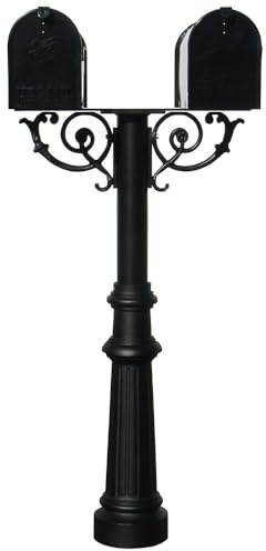 The Hanford Cast Aluminum Twin Mailbox Post System with Fluted Base, 2 E1 Mailboxes, Mounting Brackets and Scroll Supports, Ships in 2 boxes