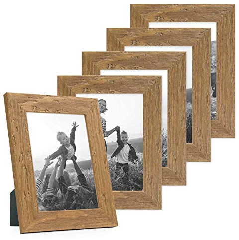 Bilderrahmen 13x18 cm Holz Eiche-Optik, 5er Set Echtholz-Rahmen rustikal, Strandhaus, Made in Germany, Echtglas, zum Aufhängen & Aufstellen, extra Zubehör - Treibholzlook mit einem Hauch Küstenflair